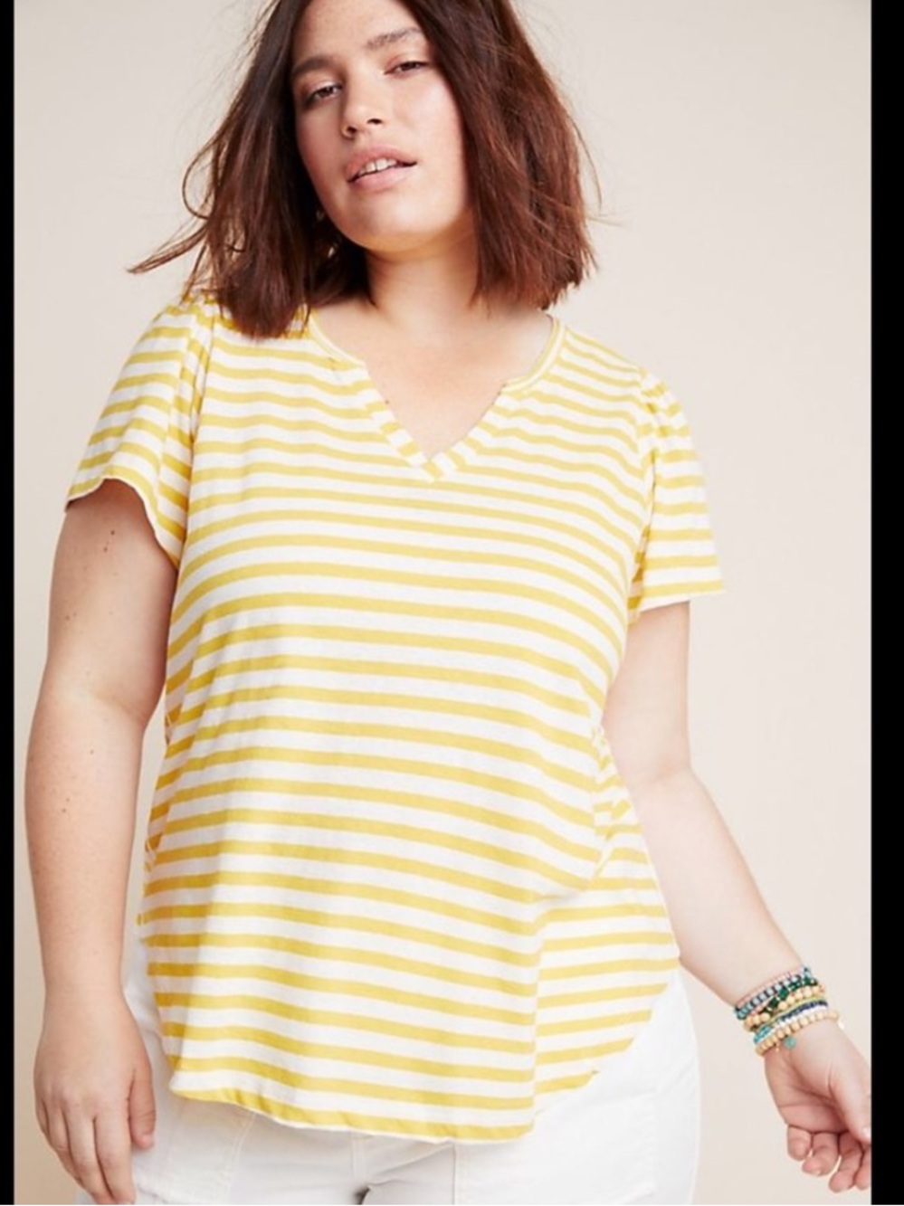 Anthropologie yellow & white striped cotton linen v-neck short sleeve t-shirt